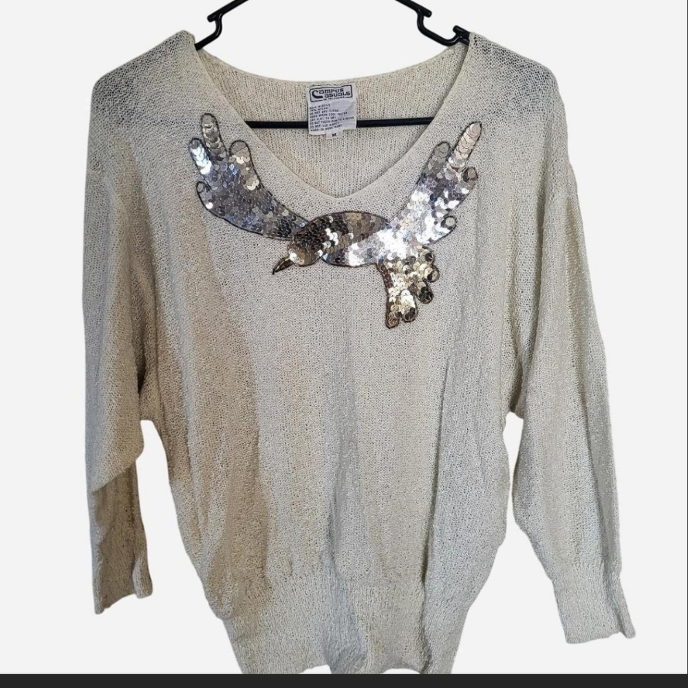 Vintage 80s Campus Casual cream sweater with sequin bird